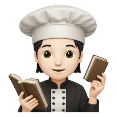 ["A happy man with pale skin, straight hair, wearing a chef hat and no glasses, dressed in goth fashion, is reading a book while holding a camera."] sticker