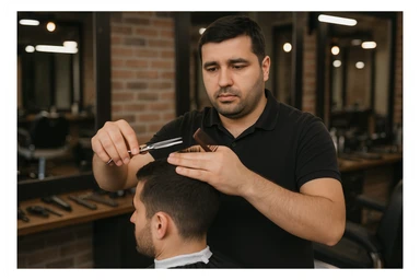 shu odamni sartaroshxonada mijozlarni sochini olayotganin  tasvirlab ber juda yosh ham katta ham bo'lmasin semiz ham bo'lib ketmasin o'smirin davrini yuzi ko'rinmasin sticker