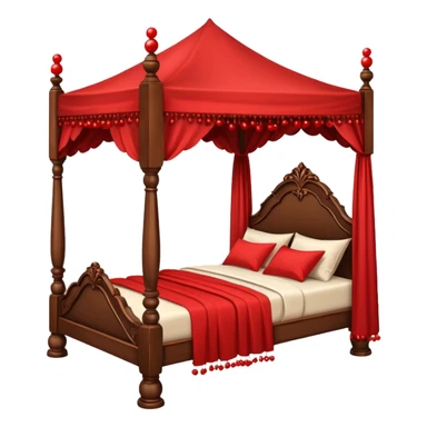 Wooden four poster bed with canopy handing small red balls on edge  sticker