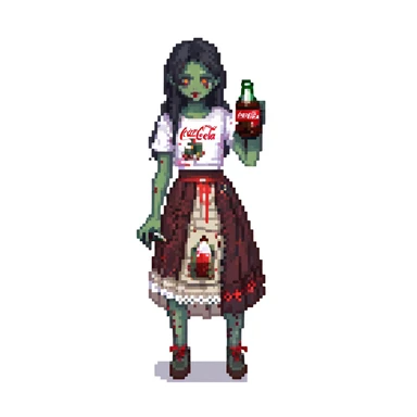 Generate an Asian girl, dark-haired, she's a zombie, wearing a skirt with lace, slightly torn,

Holding a bottle of Coca-Cola in her hands.

Background - a dark street in the style of Gotham City. sticker