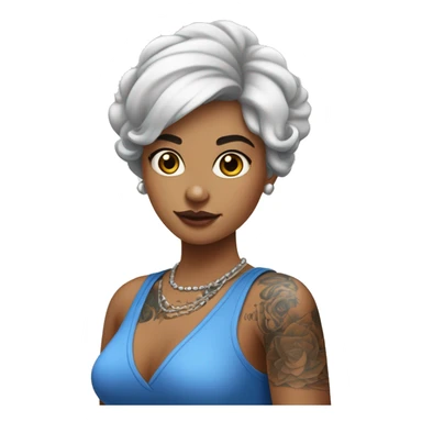 une femme de 30 ans au cheveux bleus mi long avec le côté du crane tondu très court vetu d'un débardeur blanc et des tatouages sur les bras  sticker