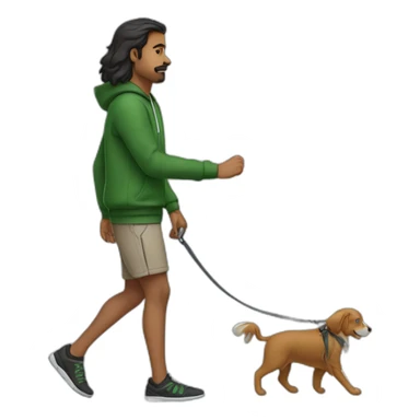 an indian man wearing a green sweatshirt, long hair, no beard, black shorts, walking, side profile, one hand raised slightly below waist level with leash in hand sticker