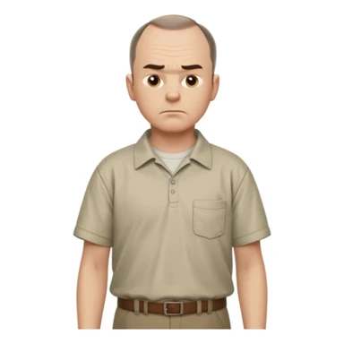 Carl from Sling Blade, serious expression, recognizable features, neutral background, full body, chin sticking out, slouching posture, no glasses, shirt with collar,  side view, the 4th image is good. show his entire body, he is standing. we see him from the side sticker