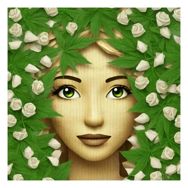  Photograph of Hemp 420 lady face made of 420 origami newspaper roses hemp leaves lantern fairy lights burning paper and hemp leaves in hair  sticker