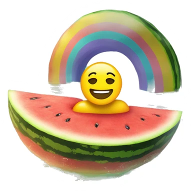 Create an emoji of a man swimming in a lake, floating on a watermelon, floaty, with a rainbow background with sunshine sticker
