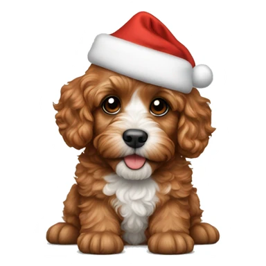 Red cavapoo puppy with a Santa hat sticker