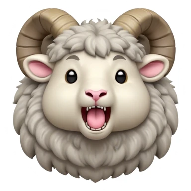 Cinematic Cute Yawning Ram Portrait Emoji, Head tilted slightly with a dramatic, wide-open yawn, showcasing a soft, woolly grey fur with gently drooping horns and ears, round dark eyes barely open in drowsy contentment, Simplified yet irresistibly adorable features, highly detailed, glowing with a soft, cozy glow, high shine, relaxed yet expressive, stylized with a touch of rugged whimsy, bright and endearing, soft glowing outline, capturing the essence of a sleepy yet affectionate ram, so drowsy it feels like it could stretch out of the screen and curl up for a nap! sticker
