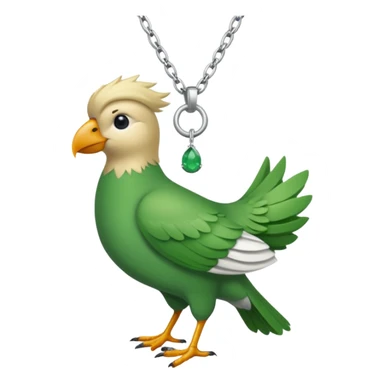 un oiseau classique tout vert avec un collier autour de son cou avec des breloque argentées et un seul poil blond qui fait une petite bouclette sur le front le collier est autour de son cou sticker