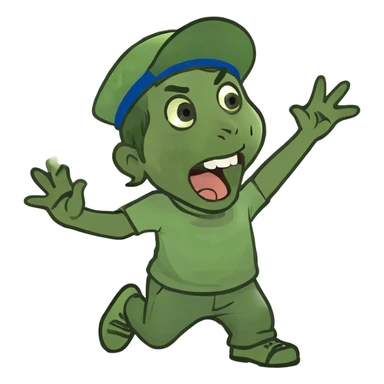 boy screaming with mouth wide open while waving his right hand to the audience and in a lunge position with his legs sticker