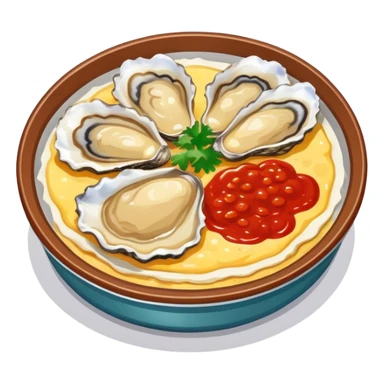 Fujian oyster omelette with red sauce, simplified emoji style with bold outlines and bright colors, cartoon style Xiamen street food sticker