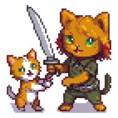 a girl kitty cat holding a knife, attacking a boy dog sticker