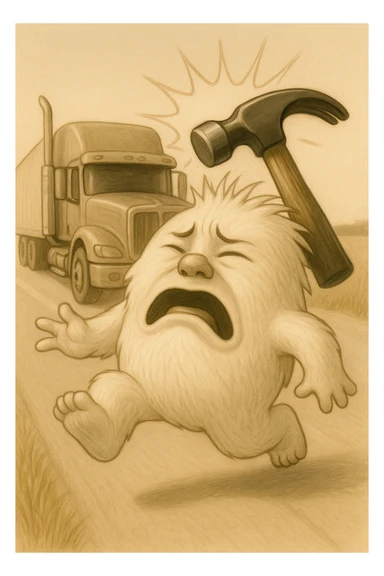 Add a comic-style impact effect where the hammer hits the abominable snowman, remove any blue color from the abominable snowman. Keep the side view, flattop semi with chrome stacks far behind, light and realistic style, no text. sticker