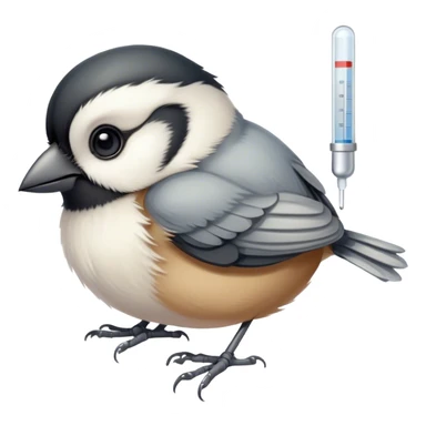 Sick Chickadee with thermometer in beak lying in bed sticker