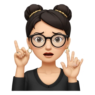 middle aged woman with dark hair pulled up in a high bun, wearing round ring earrings and glasses blocking her ears with her index finger, with a very painful expression on her face  because she cannot stand hearing a terrible singer who is too loud and out of tune.   sticker