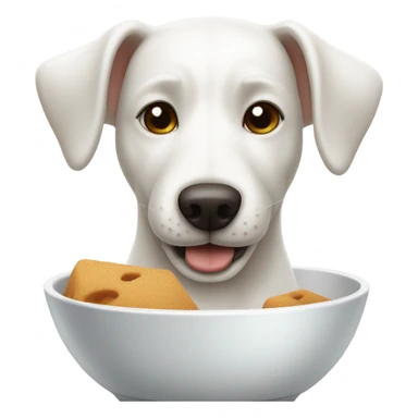 White dog with one brown ear eating food in dog bowl  sticker