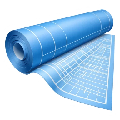 blue blueprint plan with white lines, one slightly rolled up corner, side view sticker