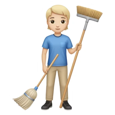 Cleaning supplies, including a broom, mop, and cleaning cloth sticker