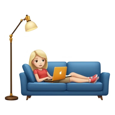 A girl is working with a laptop while lying on a sofa, with a floor lamp to the right. sticker