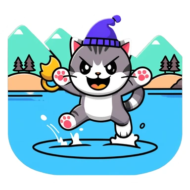 angry cat with a hat jumping into a lake sticker