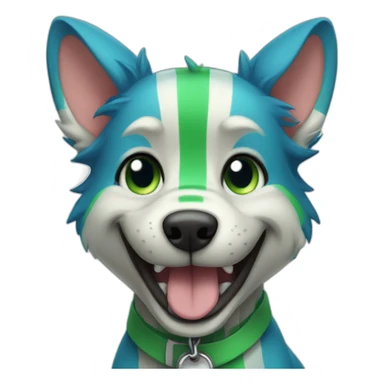 an anthropomorphic blue and green striped dog fursona smiling sticker