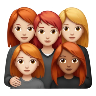Can you create an image of 3 friends together one with red bright hair light skin one the other with brown hair with some blonde highlights in the hair fair skin the last one with light brown a tint of orange hair and black long hair with brown  sticker