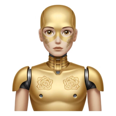 gold Tatooed robot, big many tatooes on chest, neck and face, white tatoo on face sticker