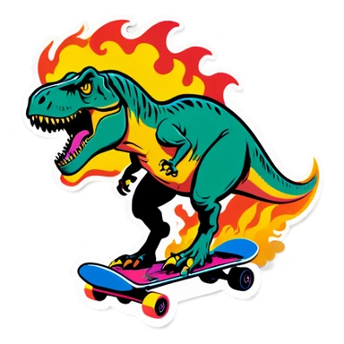 T Rex on a flaming skateboard  sticker