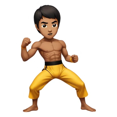 Cinematic Realistic Bruce Lee Portrait Emoji, depicted as a dynamic martial arts icon with an intense gaze and athletic physique caught in a fluid motion, rendered with vivid textures and energetic lighting that embodies his legendary prowess. sticker