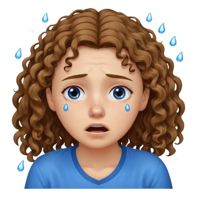 white young curly long hair girl, brown hair, with a blue shirt, in despair crying sticker