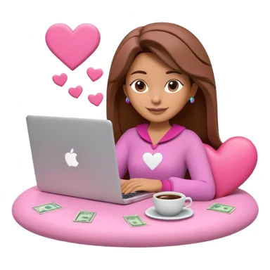 3D clay character relaxed with laptop and coffee, floating icons (envelope, heart, dollar), colofrful outfit, pink (#FF6B9D) floating icons, white laptop, Pixar style, transparent background sticker