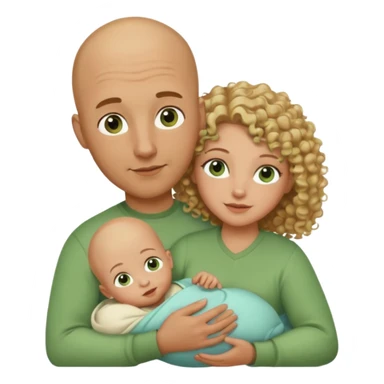 Un hombre calvo de ojos marrones con su mujer rubia de pelo rizado y ojos verdes sosteniendo un bebé niño de pelo rizado moreno y de ojos marrón verdoso sticker