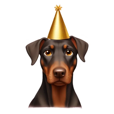 brown doberman with new years hat sticker
