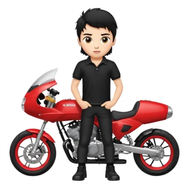 generate a pretty fair bratz boy with a messy mullet (black hair), wearing a BLACK polo.  standing witha superbike sticker