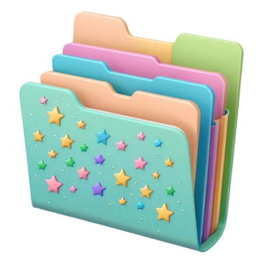 small cute folder icon in soft pastel colors light yellow or peach, slightly open at the top, colorful divider tabs inside peeking out blue green pink purple, white label area on front with word Covers in playful handwriting, small sparkles or stars around folder, emoji style sticker