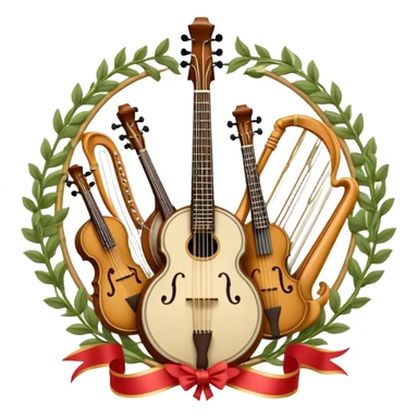 Design a complex and festive emblem-like emoji representing plucked string instruments, such as a banjo, mandolin, domra, sitar, and similar instruments. The composition should resemble a heraldic crest, with the instruments arranged symmetrically and gracefully, their necks intertwining with a flowing ribbon of musical notes. The ribbon should weave through the strings and headstocks, symbolizing the harmonious connection between the instruments. Use detailed engraving on the instrument bodies and fretboards to emphasize their craftsmanship. Incorporate rich, celebratory colors like gold, mahogany brown, deep green, and vibrant accents. Add subtle shading and light reflections to create a three-dimensional, polished look. Include ornate elements like swirls, laurel leaves, and decorative flourishes to enhance the festive and professional appearance. The background should be transparent to highlight the emblem as a standalone piece. sticker