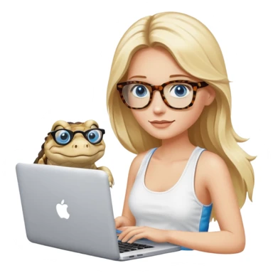 long blonde hair woman blue eyes with tortoise shell print glasses wearing white tank top on mac book with a white crocodile patterns laptop case  sticker