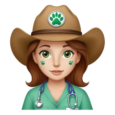 Pale Woman with brown hair and green eyes and freckles on her cheek bones wearing scrubs that have a paw print logo on only the scrubs  and a cow girl hat sticker