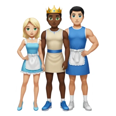 King, black hair, body, legst, blue eyes, shoes, maid blonde hair, green eyes, sexy short sleveless White dress, shoes sticker