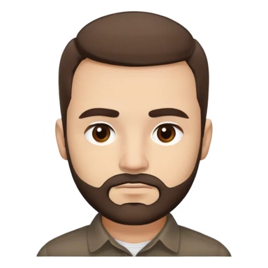 Close-up of René Monclova with light skin tone, round face, broad cheekbones. Lively dark brown eyes, thick straight eyebrows. Short messy brown hair with slight receding hairline. Untidy brown beard covering jaw. Wearing a dark collared shirt. sticker