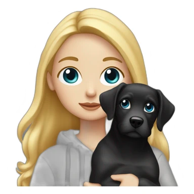 A blonde girl  with blues eyes, with smooth hair and a ray,she has light skin a few freckles, and she wear a hoodies and she Carries in his arms a black baby labrador dog  sticker
