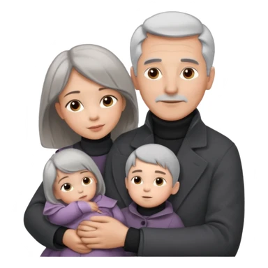 A father with silver-grey hair styled neatly and a clean-shaven face, wearing a dark turtleneck and wool coat, holding his girl child gently. The child has light brown hair and a soft white dress. Warm cinematic lighting, emotional close-up. sticker