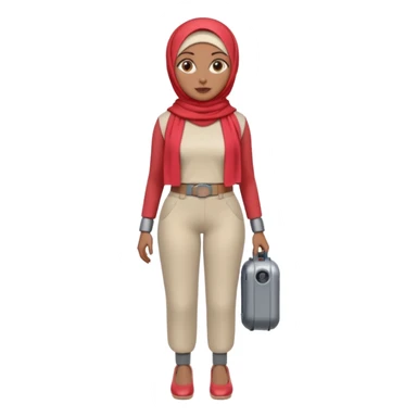 Heavy-set woman with medium-brown skin wearing a light red hijab, cream top, light red pants, tan shoes, and a grey robot leg. Standing confidently with one hand on her hip sticker