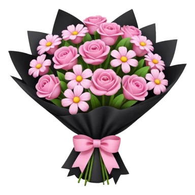 Create a baby pink and dark pink flowers bouquet with black wrap paper and with white bow sticker