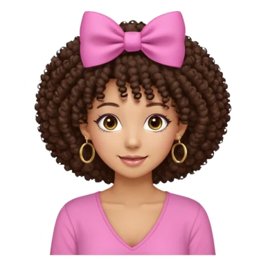 Naturally tan skin girl short darkBrown curly afropink shirt very long lashes hoop gold earrings Brown eyes gyaru smiling closed mouth cute bow hairclip small on the side. V neck pink shirt. Teenager sticker