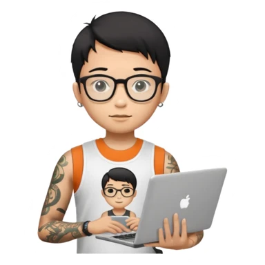 A young boy with A macbook laptop, black straight short hair, wearing glasses, wearing a tanktop, has tattoos, he is asian, no earrings, he's holding a laptop

Add the letters "P I F" floating around sticker