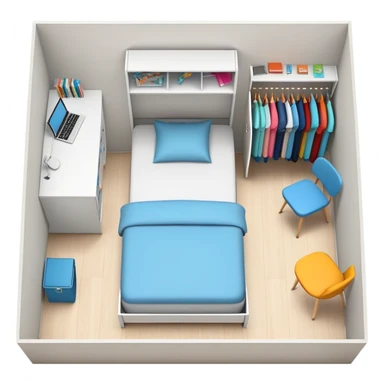 top-down view of teenage bedroom layout with bed, desk, closet, and storage sticker