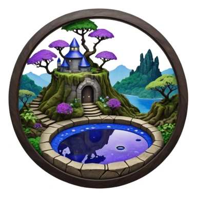 Crashed Alien saucer pool-castle jungle winding footpath mountainside getaway haunted nighttime landscape antique mudman very old broken cracked intricate Stone Age lapis-crusted irregular dodecagon-shaped shallow dark moss rough bark violet flowered maple treehouse bonsai sticker