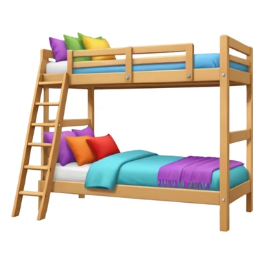 "Cozy bunk bed in a bright bedroom, wooden frame, colorful bedding, small ladder, soft natural light, realistic and detailed." sticker