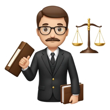 “Create a clean, modern emoji-style illustration of a male lawyer. He is wearing a formal suit jacket. He is holding a judge’s gavel in one hand and has a law book tucked under his arm. He has a mustache and a short beard, and he is wearing glasses. sticker