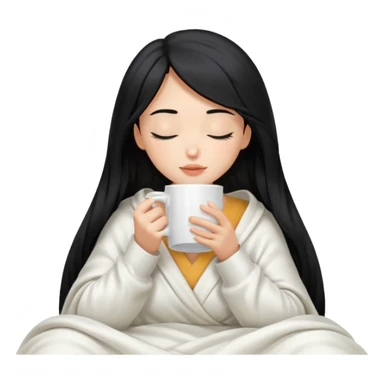 black hair girl long hair inside a white milky satin blanket sipping coffee in white mug eyes closed without coffee in mouth  sticker